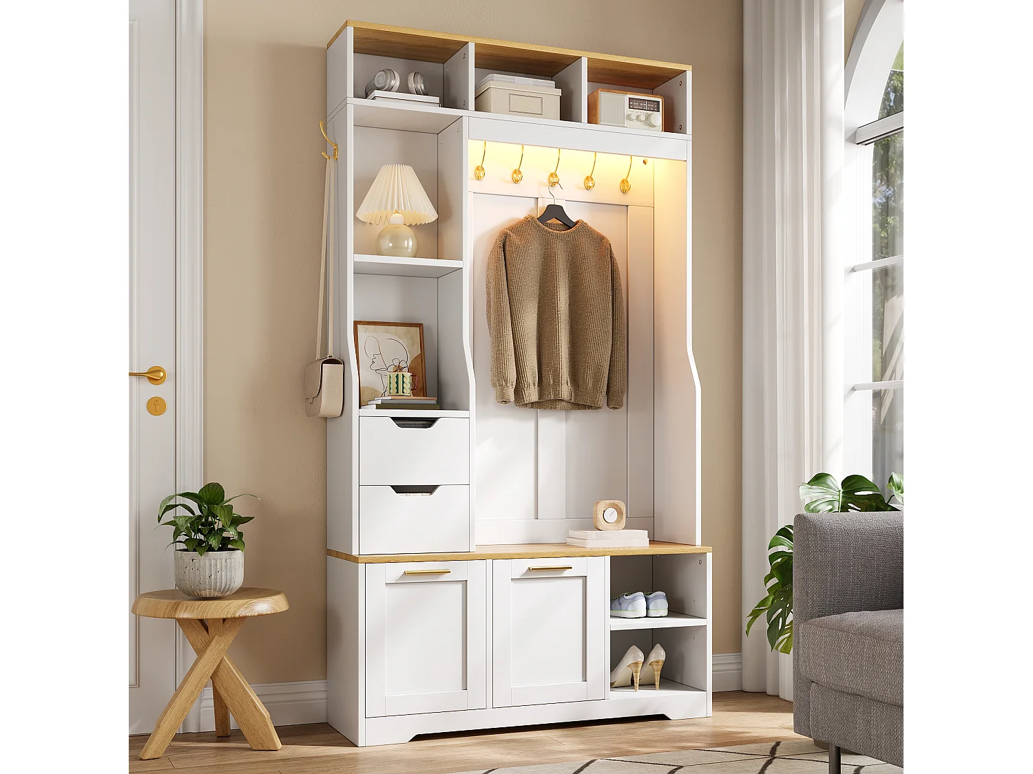 Schuhschrank mit Sitzbank, 2 Klapptüren, 2 Schubladen, 5 Haken und LED-Beleuchtung – MDF und Spanplatte – Weiß