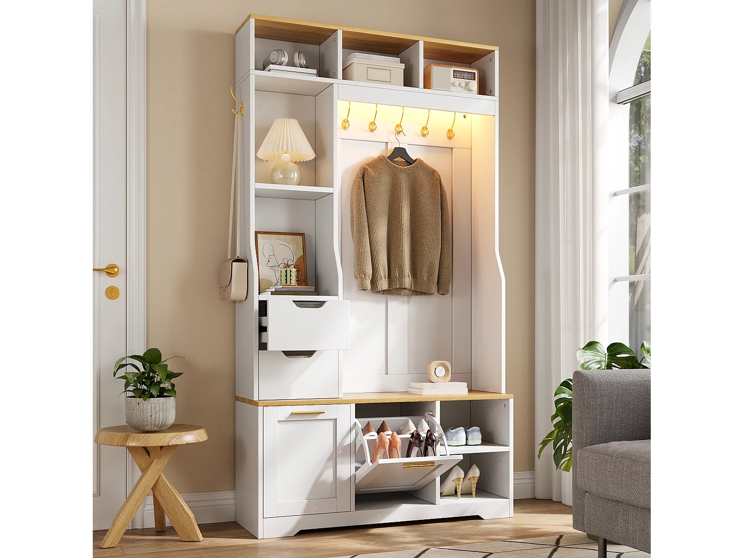 Schuhschrank mit Sitzbank, 2 Klapptüren, 2 Schubladen, 5 Haken und LED-Beleuchtung – MDF und Spanplatte – Weiß