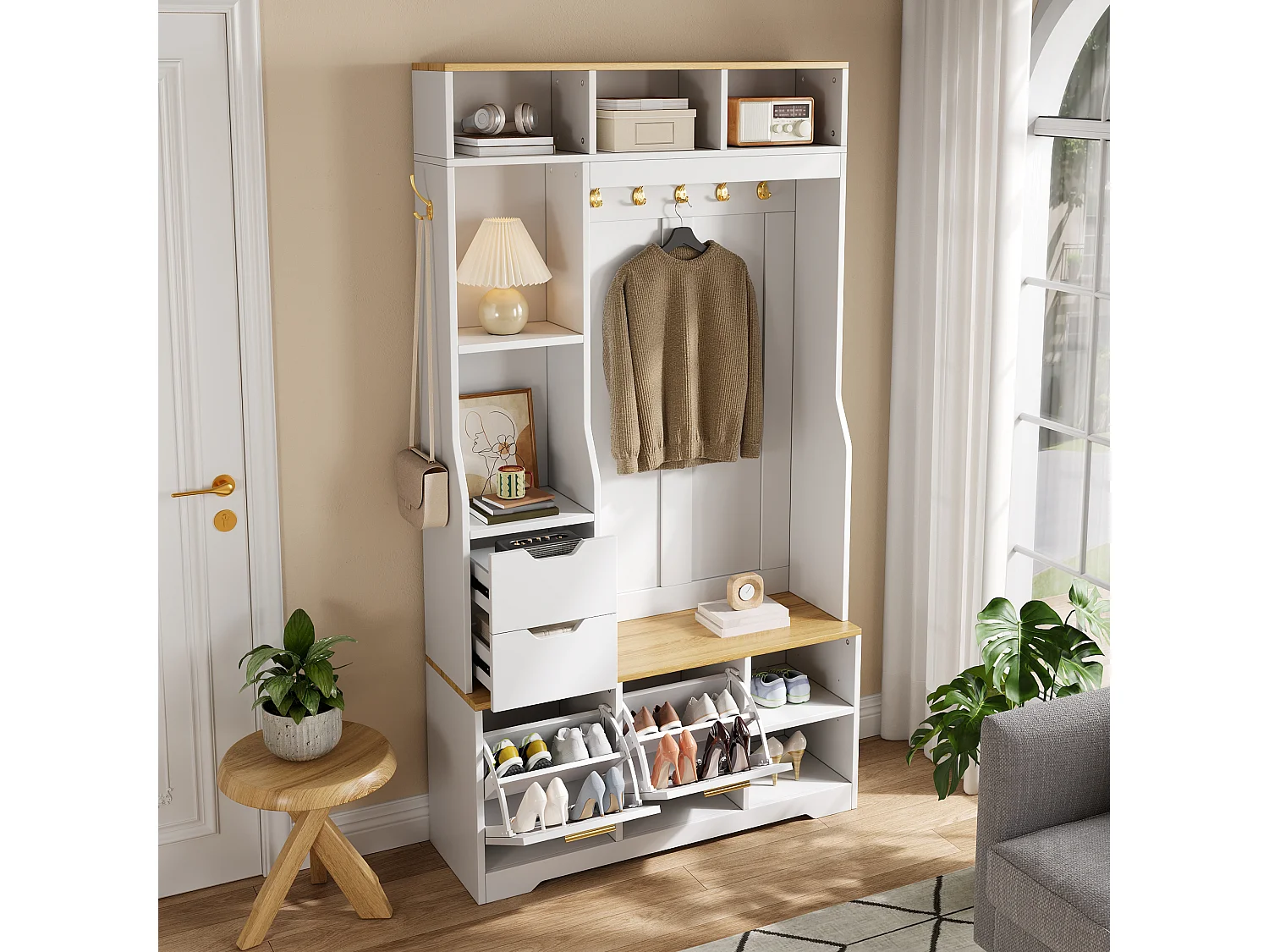 Schuhschrank mit Sitzbank, 2 Klapptüren, 2 Schubladen, 5 Haken und LED-Beleuchtung – MDF und Spanplatte – Weiß
