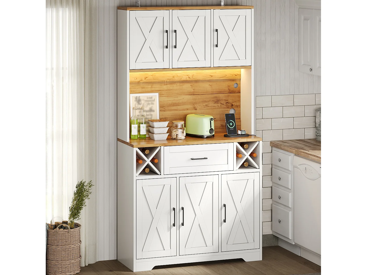 Hoge keukenkast met 1 lade en 6 deuren - LED-verlichting, 2 stopcontacten en 2 USB-poorten - MDF - 105 x 40 x 180 cm - Wit