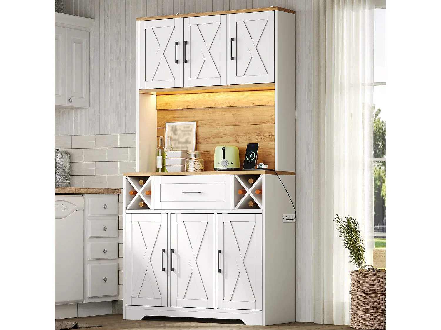 Hoge keukenkast met 1 lade en 6 deuren - LED-verlichting, 2 stopcontacten en 2 USB-poorten - MDF - 105 x 40 x 180 cm - Wit