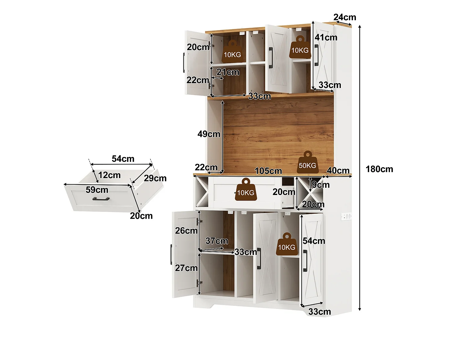 Hoge keukenkast met 1 lade en 6 deuren - LED-verlichting, 2 stopcontacten en 2 USB-poorten - MDF - 105 x 40 x 180 cm - Wit