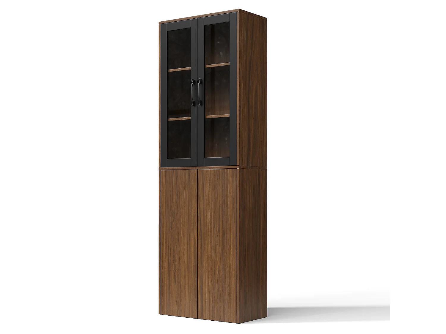 Hoge keukenkast met 2 glazen deuren en een uitschuifbare voorraadkast met 4 niveaus - MDF - 60 x 30 x 180 cm - Zwart en naturel