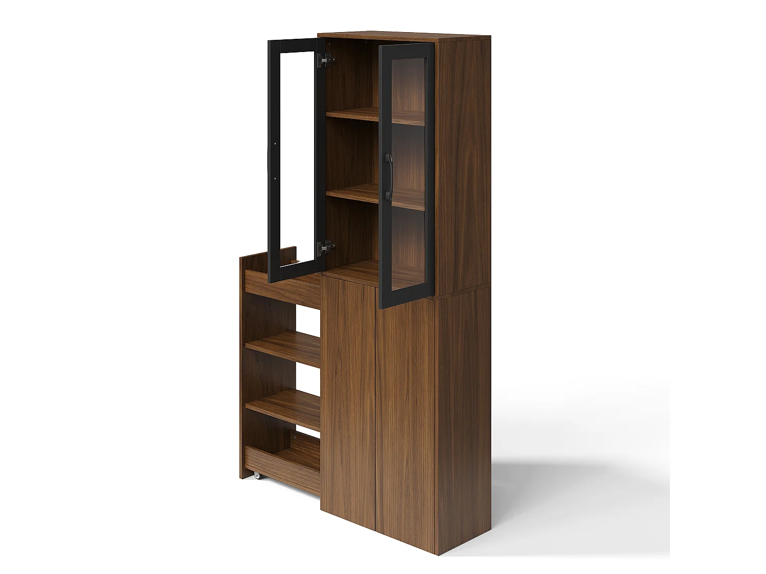 Hoge keukenkast met 2 glazen deuren en een uitschuifbare voorraadkast met 4 niveaus - MDF - 60 x 30 x 180 cm - Zwart en naturel
