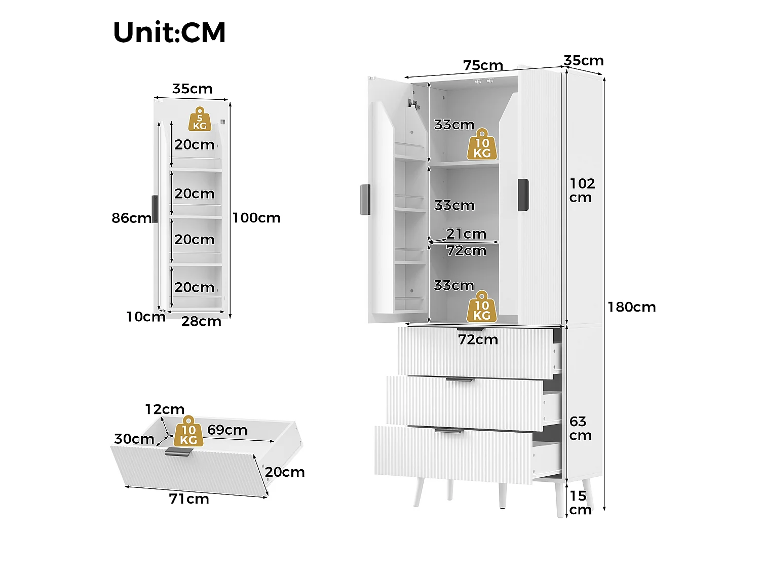Hoge keukenkast met 2 deuren, 3 lades, deurvakken en verstelbare planken - MDF - 75 x 35 x 180 cm - Wit