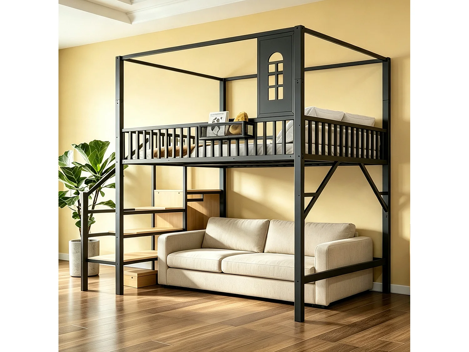 Loftseng 140 x 200 cm med tag, stige med opbevaring og garderobe - Metal - Sort (Madras medfølger ikke)