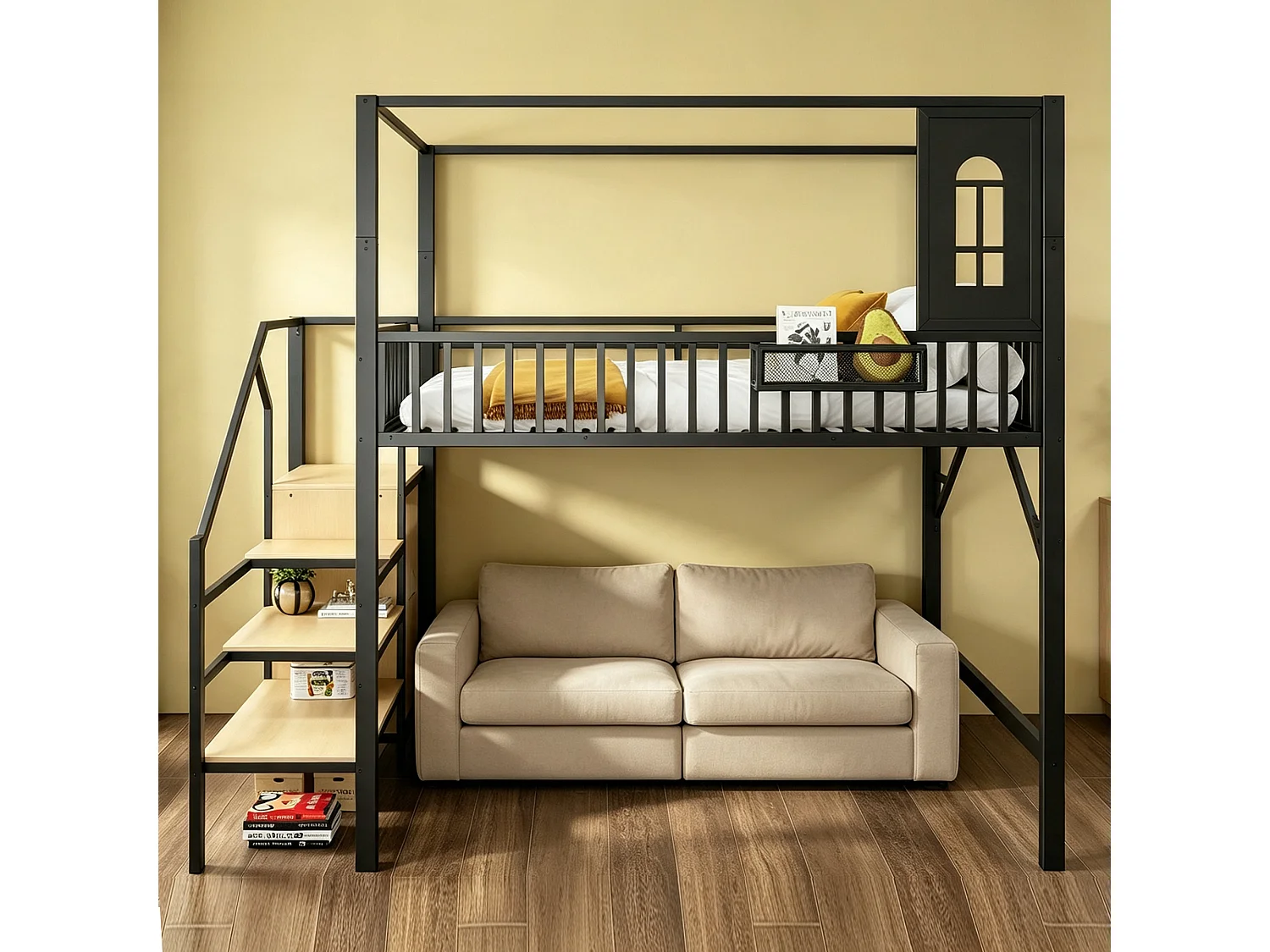 Loftseng 140 x 200 cm med tag, stige med opbevaring og garderobe - Metal - Sort (Madras medfølger ikke)