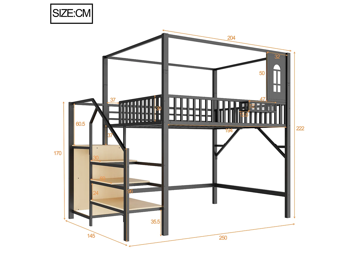 Loftseng 140 x 200 cm med tag, stige med opbevaring og garderobe - Metal - Sort (Madras medfølger ikke)