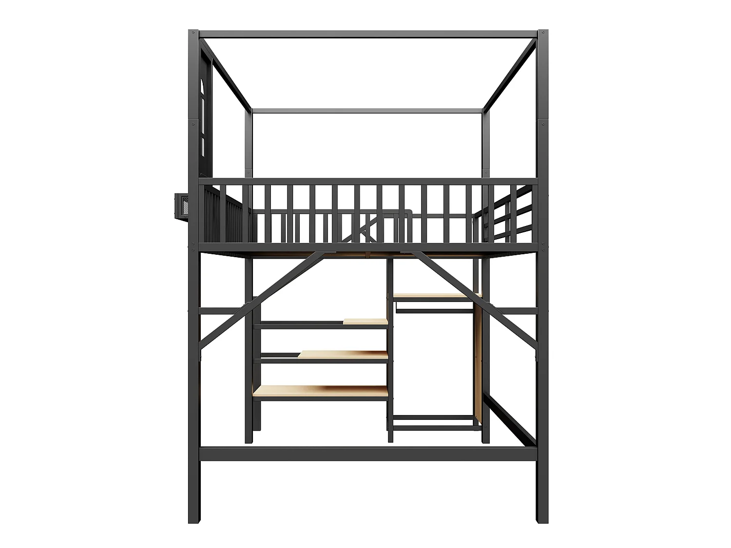 Loftseng 140 x 200 cm med tag, stige med opbevaring og garderobe - Metal - Sort (Madras medfølger ikke)