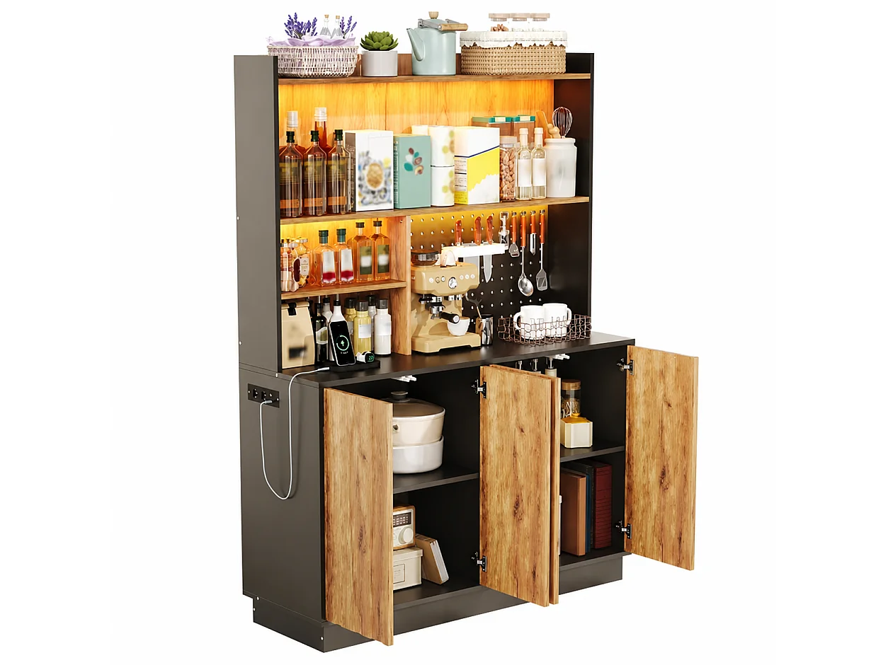 Hoge keukenkast met RGB LED-verlichting, 2 stopcontacten, 2 USB-poorten, 4 deuren en geperforeerd paneel - MDF - 120 x 43 x 160 cm - Naturel en zwart