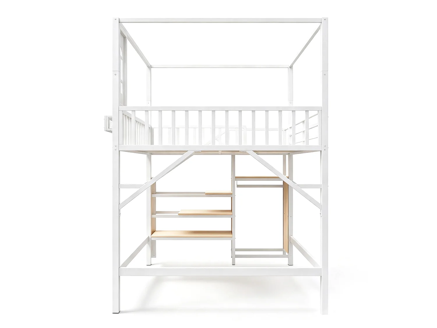 Loftseng 140 x 200 cm med tag, stige med opbevaring og garderobe - Metal - Hvid (Madras medfølger ikke)