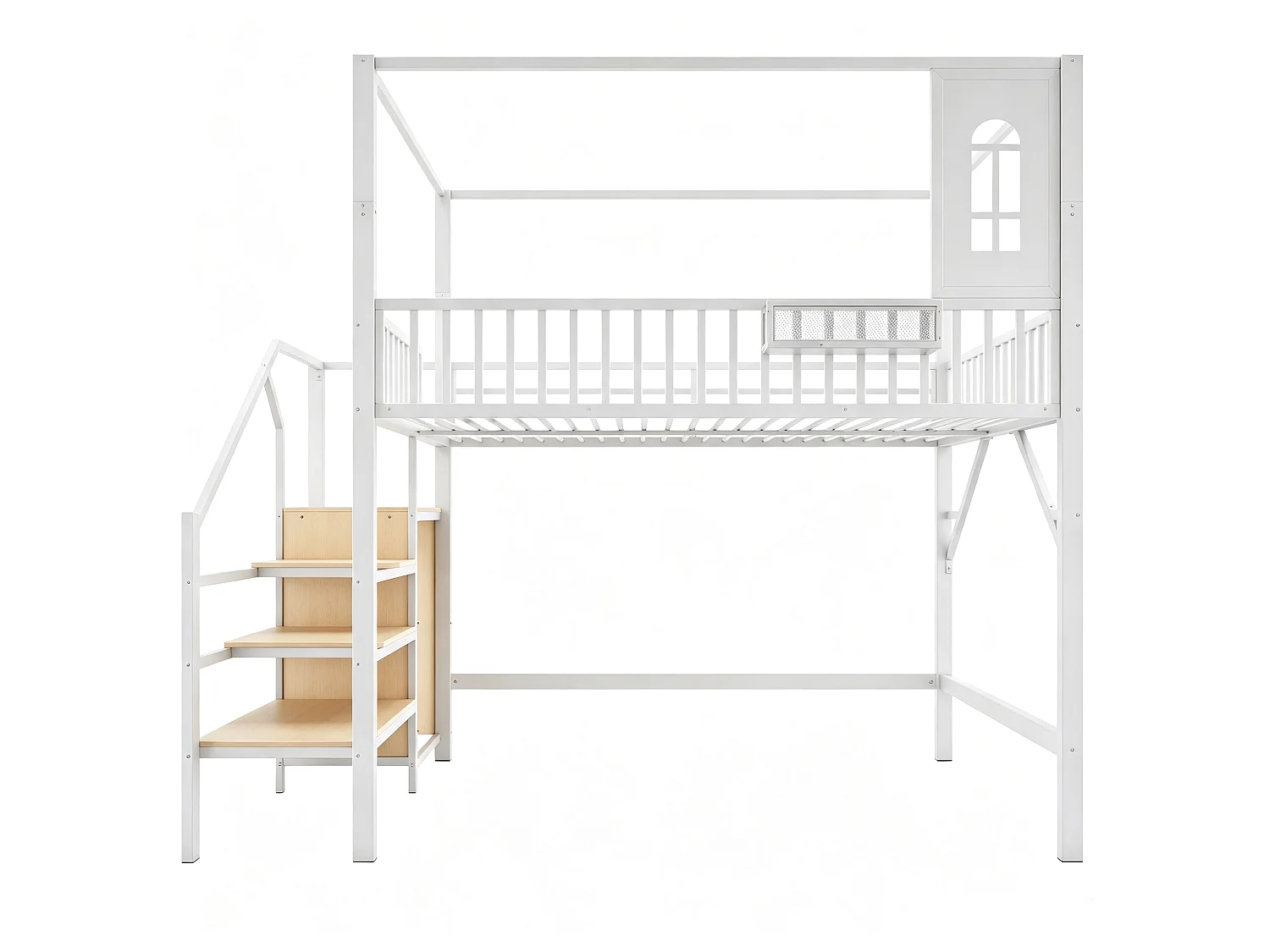 Loftseng 140 x 200 cm med tag, stige med opbevaring og garderobe - Metal - Hvid (Madras medfølger ikke)