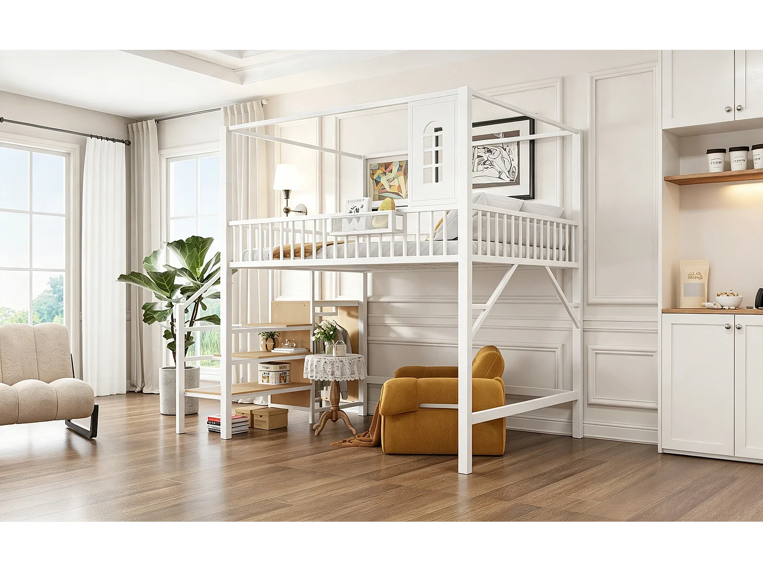 Loftseng 140 x 200 cm med tag, stige med opbevaring og garderobe - Metal - Hvid (Madras medfølger ikke)
