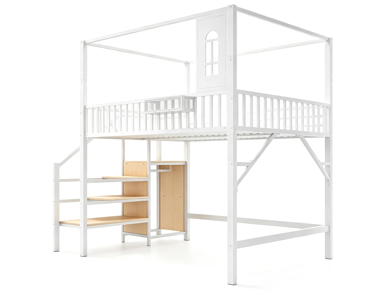 Loftseng 140 x 200 cm med tag, stige med opbevaring og garderobe - Metal - Hvid (Madras medfølger ikke)