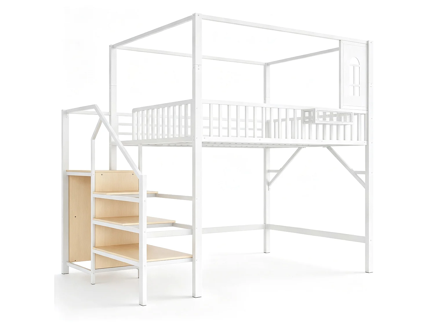 Loftseng 140 x 200 cm med tag, stige med opbevaring og garderobe - Metal - Hvid (Madras medfølger ikke)