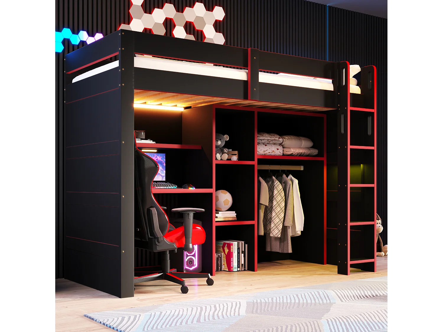 Loftseng 90 x 200 cm med skrivebord, garderobe, hylder og LED-belysning - MDF og krydsfiner - Sort + rød (Madras medfølger ikke)