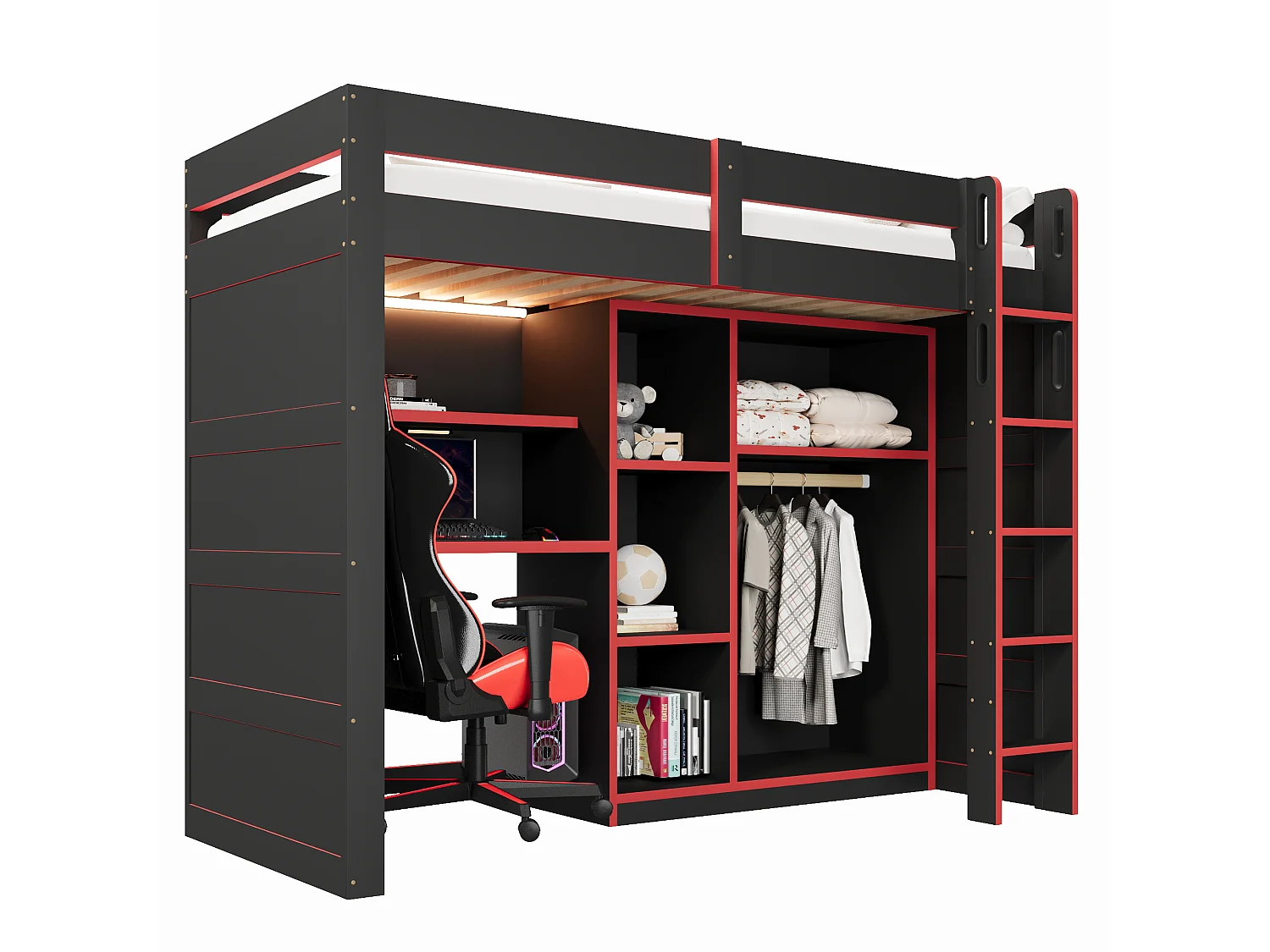 Loftseng 90 x 200 cm med skrivebord, garderobe, hylder og LED-belysning - MDF og krydsfiner - Sort + rød (Madras medfølger ikke)