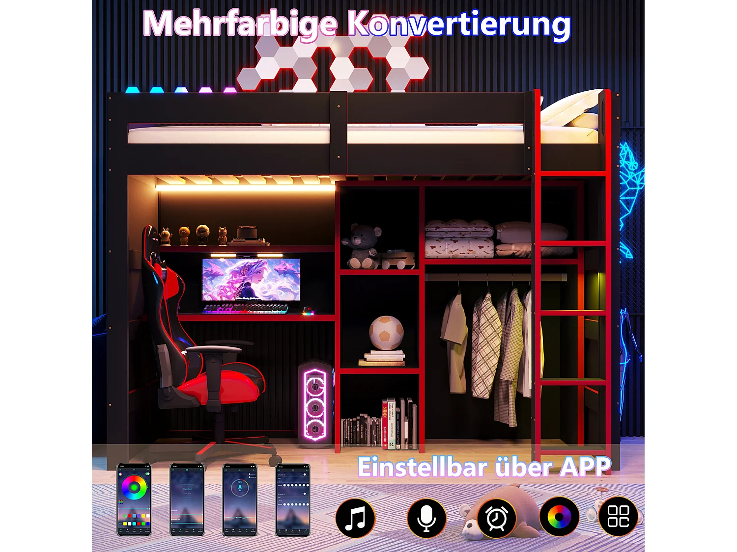 Loftseng 90 x 200 cm med skrivebord, garderobe, hylder og LED-belysning - MDF og krydsfiner - Sort + rød (Madras medfølger ikke)