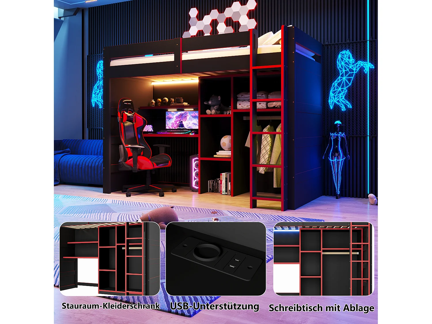 Loftseng 90 x 200 cm med skrivebord, garderobe, hylder og LED-belysning - MDF og krydsfiner - Sort + rød (Madras medfølger ikke)