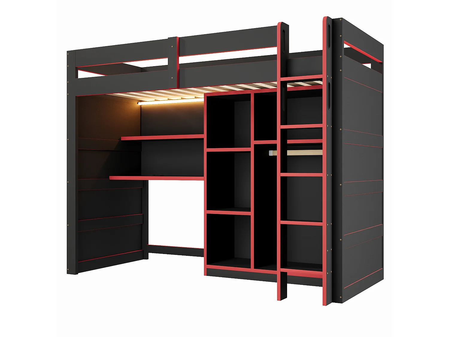 Loftseng 90 x 200 cm med skrivebord, garderobe, hylder og LED-belysning - MDF og krydsfiner - Sort + rød (Madras medfølger ikke)