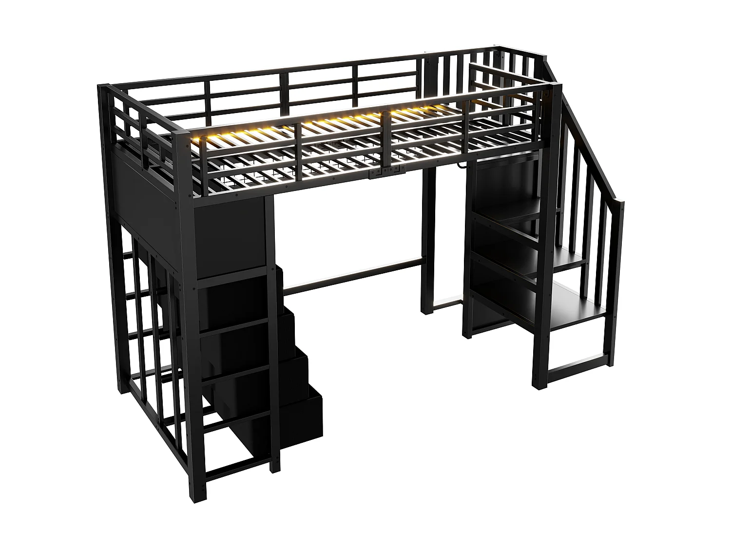 Loftseng 90 x 200 cm med 8 stofskuffer, 2 hylder, trappe, hulplade og LED-belysning - Metal - Sort (Madras medfølger ikke)