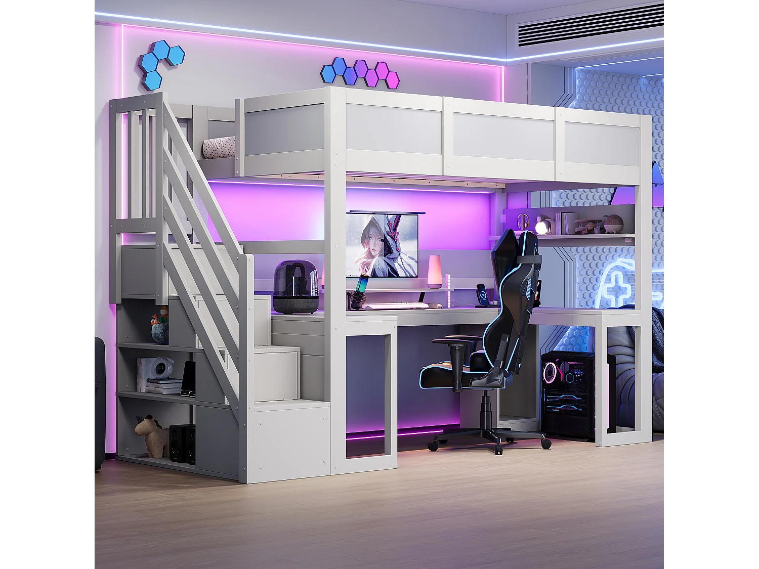 Loftseng 90 x 200 cm med hjørneskrivebord, garderobe, hylder og LED-belysning - MDF og krydsfiner - Hvid (Madras medfølger ikke)