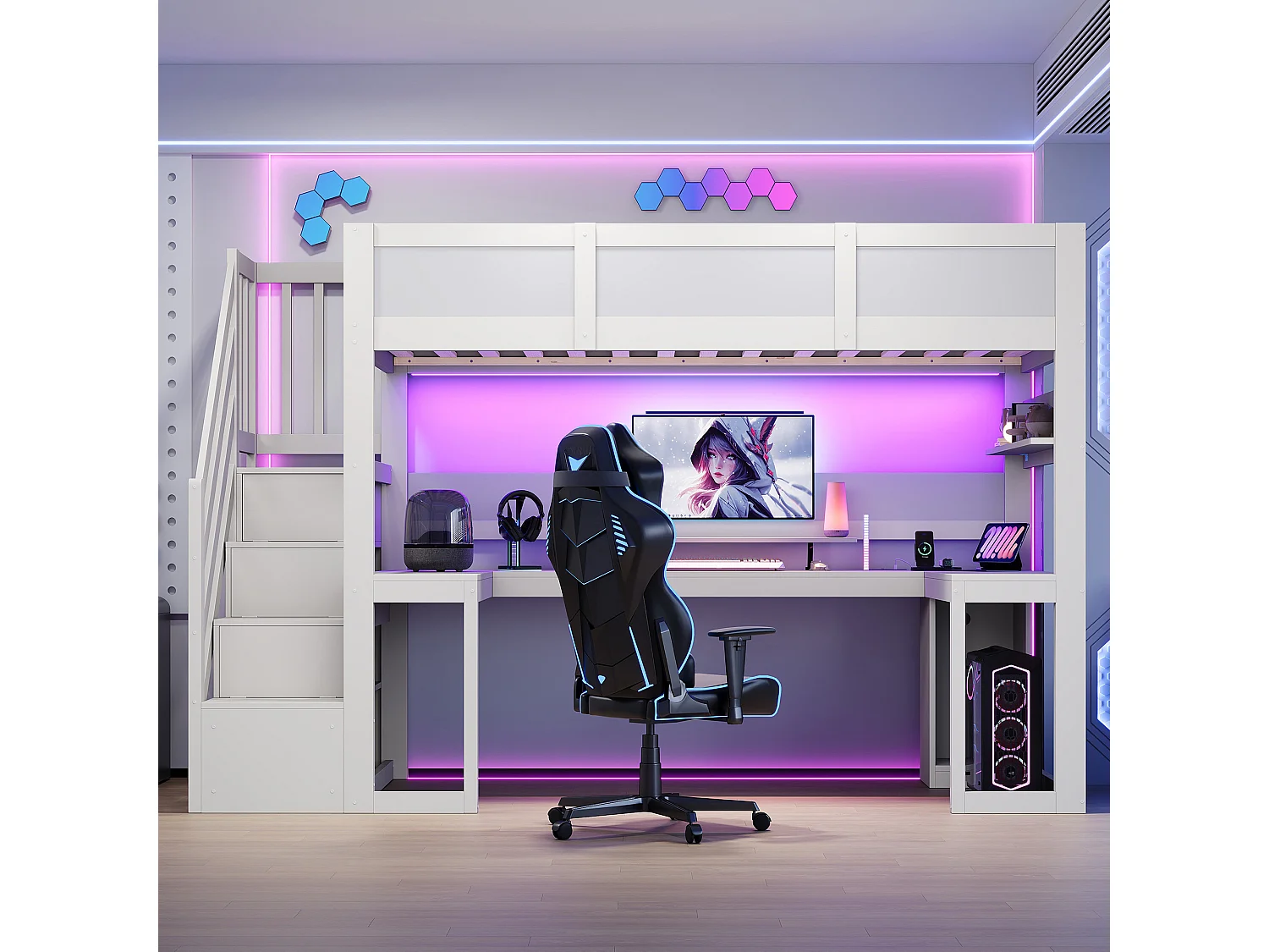 Loftseng 90 x 200 cm med hjørneskrivebord, garderobe, hylder og LED-belysning - MDF og krydsfiner - Hvid (Madras medfølger ikke)