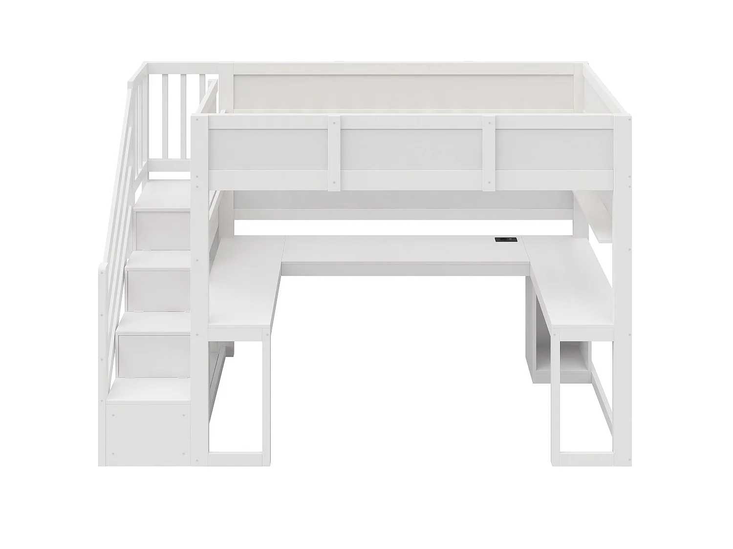 Loftseng 90 x 200 cm med hjørneskrivebord, garderobe, hylder og LED-belysning - MDF og krydsfiner - Hvid (Madras medfølger ikke)
