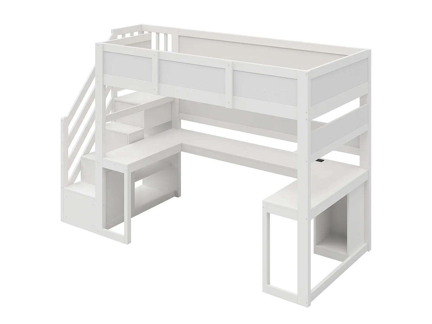 Loftseng 90 x 200 cm med hjørneskrivebord, garderobe, hylder og LED-belysning - MDF og krydsfiner - Hvid (Madras medfølger ikke)