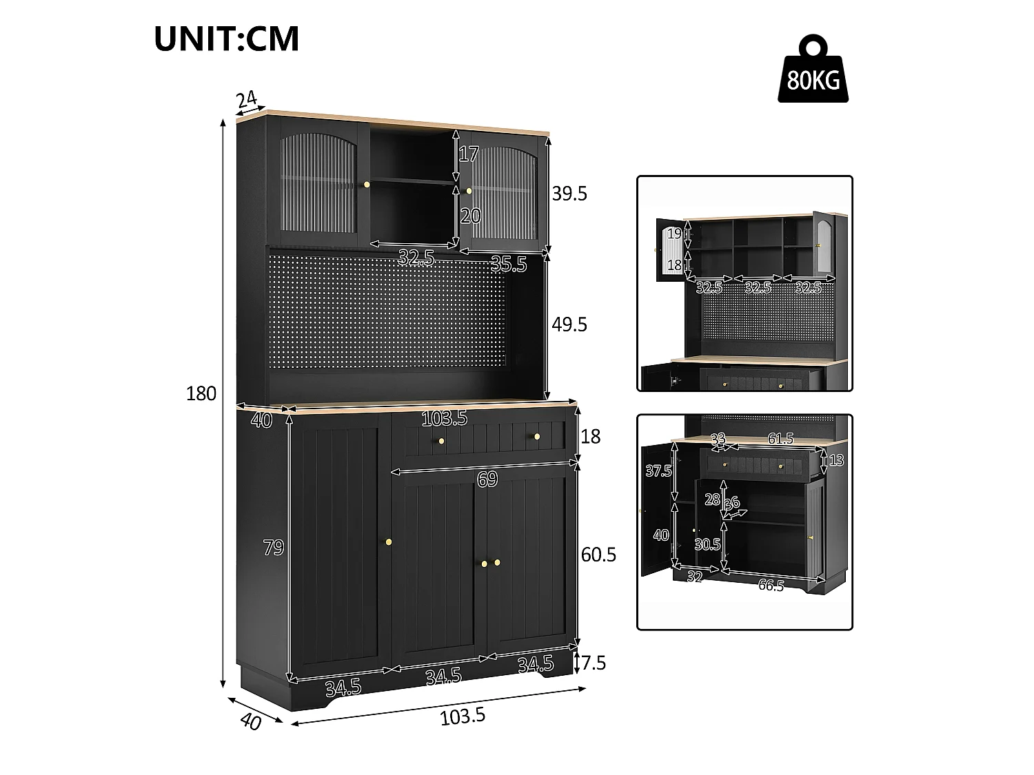 Küchenschrank mit 5 Türen, 1 Schublade, 1 Auszugsboden und Lochwand – Spanplatte – 103,5 x 40 x 180 cm – Schwarz