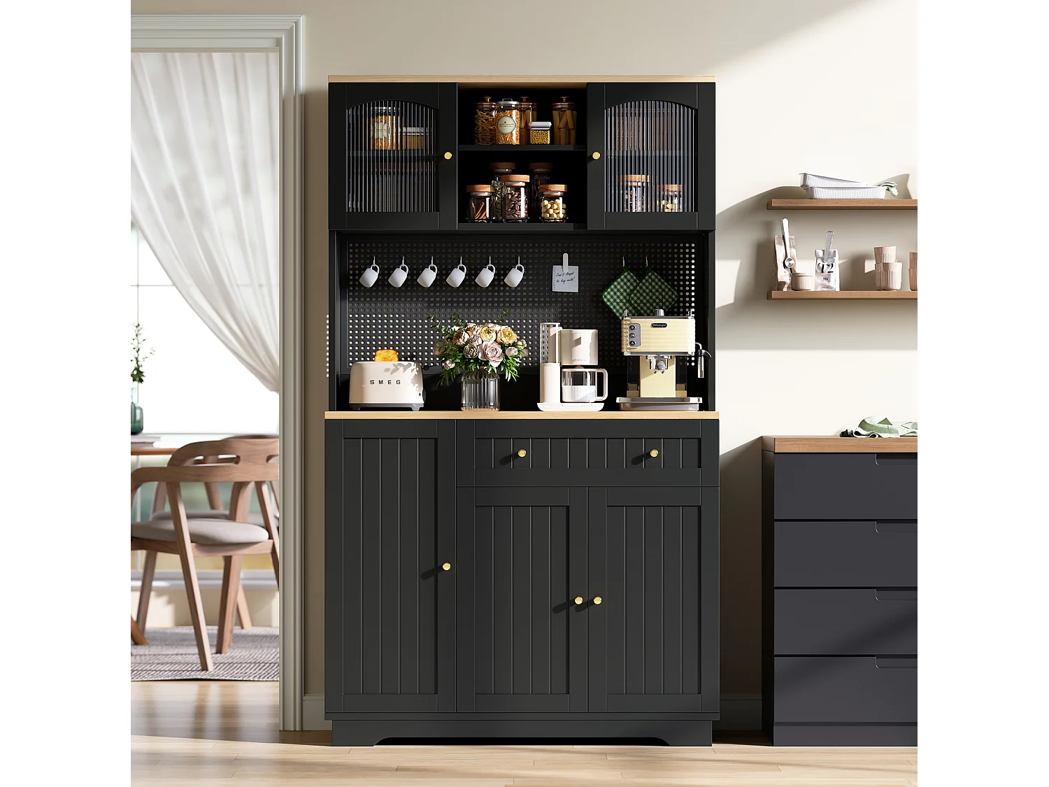 Küchenschrank mit 5 Türen, 1 Schublade, 1 Auszugsboden und Lochwand – Spanplatte – 103,5 x 40 x 180 cm – Schwarz