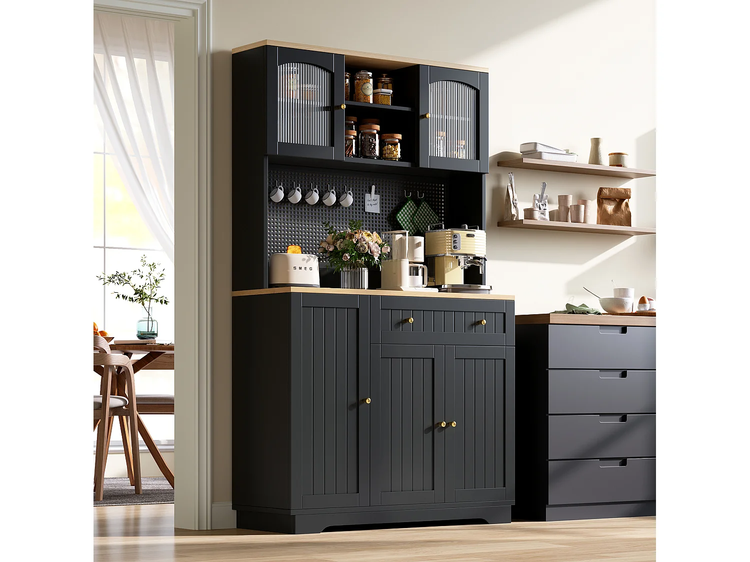 Küchenschrank mit 5 Türen, 1 Schublade, 1 Auszugsboden und Lochwand – Spanplatte – 103,5 x 40 x 180 cm – Schwarz