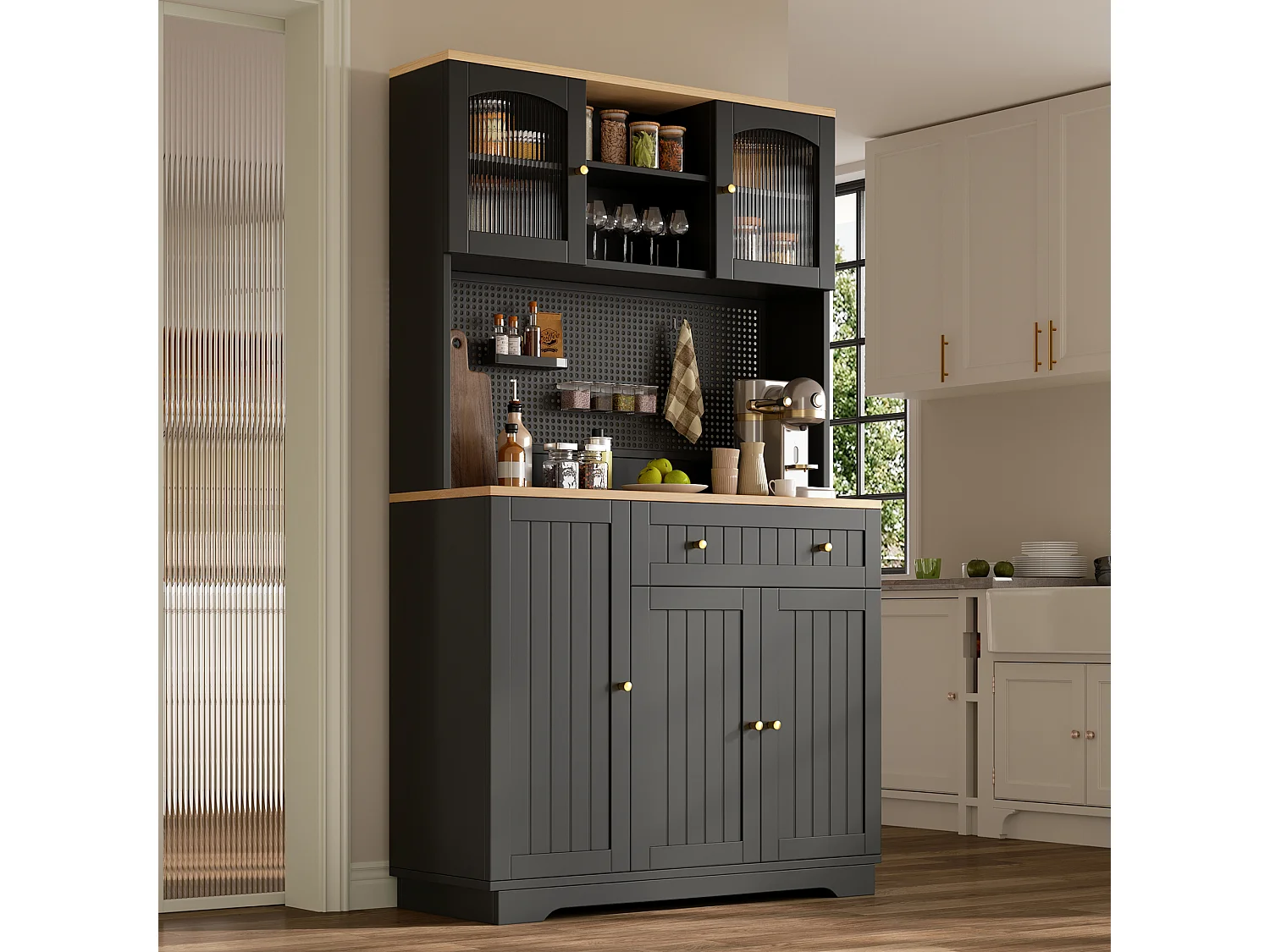 Küchenschrank mit 5 Türen, 1 Schublade, 1 Auszugsboden und Lochwand – Spanplatte – 103,5 x 40 x 180 cm – Schwarz