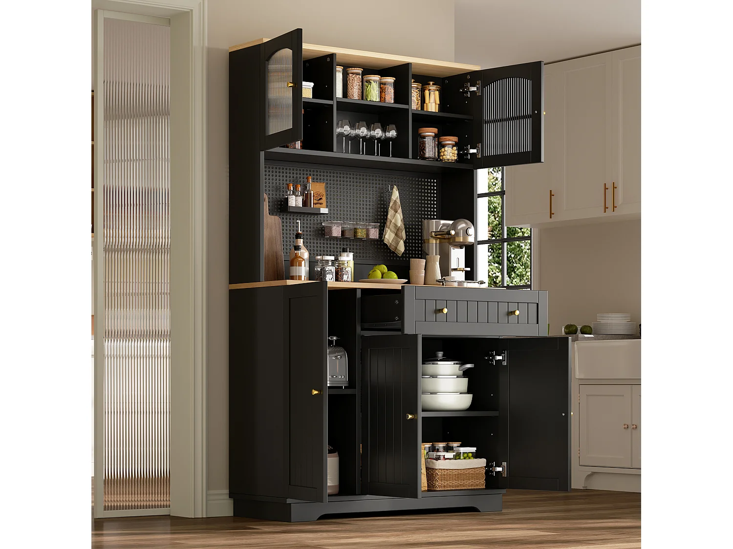 Küchenschrank mit 5 Türen, 1 Schublade, 1 Auszugsboden und Lochwand – Spanplatte – 103,5 x 40 x 180 cm – Schwarz