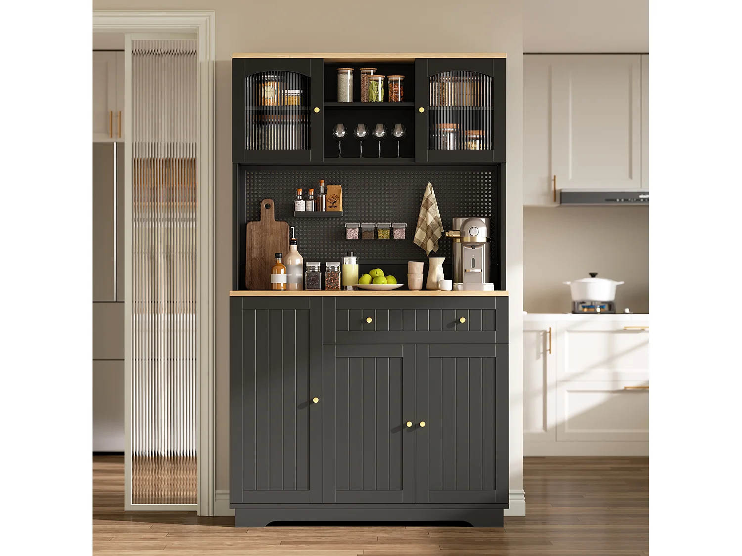 Küchenschrank mit 5 Türen, 1 Schublade, 1 Auszugsboden und Lochwand – Spanplatte – 103,5 x 40 x 180 cm – Schwarz
