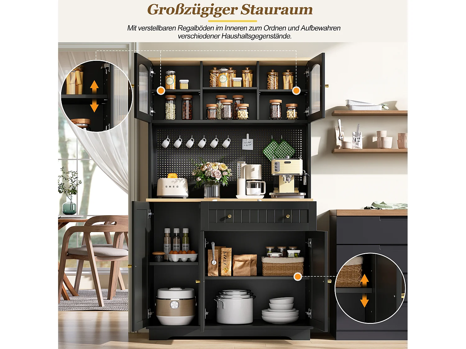 Küchenschrank mit 5 Türen, 1 Schublade, 1 Auszugsboden und Lochwand – Spanplatte – 103,5 x 40 x 180 cm – Schwarz