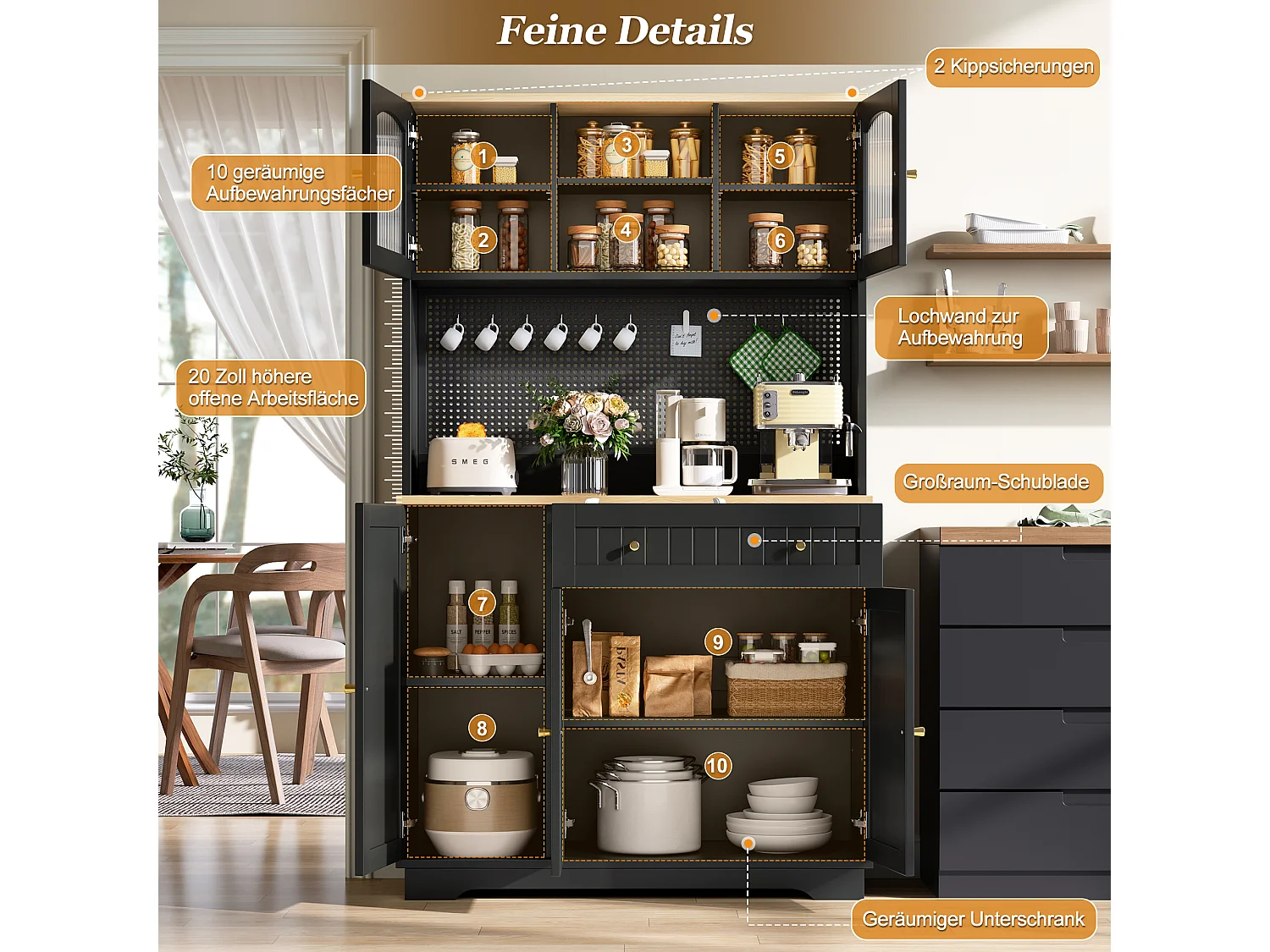 Küchenschrank mit 5 Türen, 1 Schublade, 1 Auszugsboden und Lochwand – Spanplatte – 103,5 x 40 x 180 cm – Schwarz