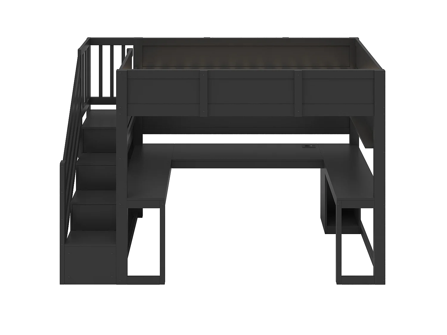 Loftseng 90 x 200 cm med hjørneskrivebord, garderobe, hylder og LED-belysning - MDF og krydsfiner - Sort (Madras medfølger ikke)