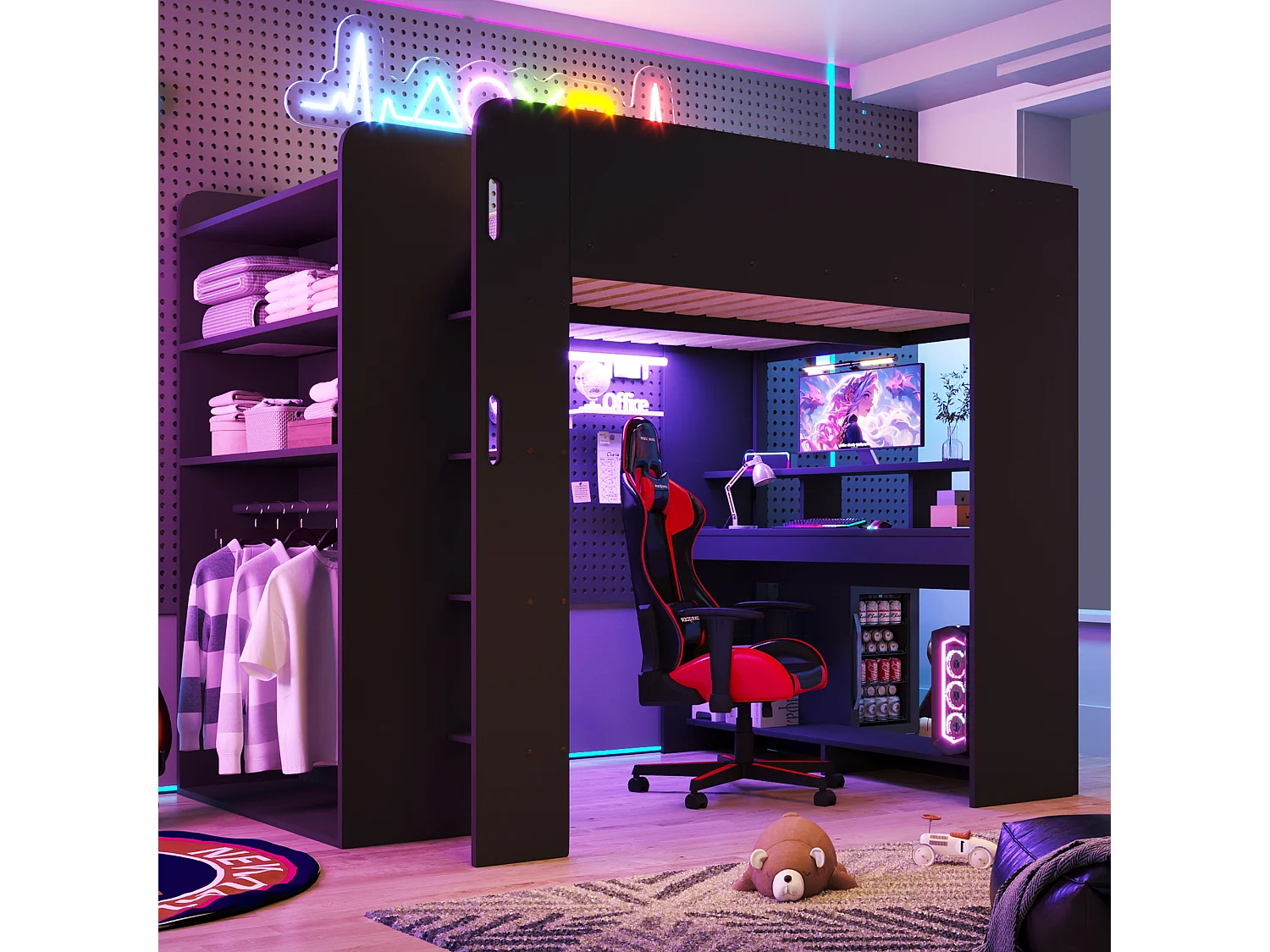 Loftseng 140 x 200 cm med skrivebord, åben garderobe, hylder og LED-belysning - MDF og krydsfiner - Sort (Madras medfølger ikke)