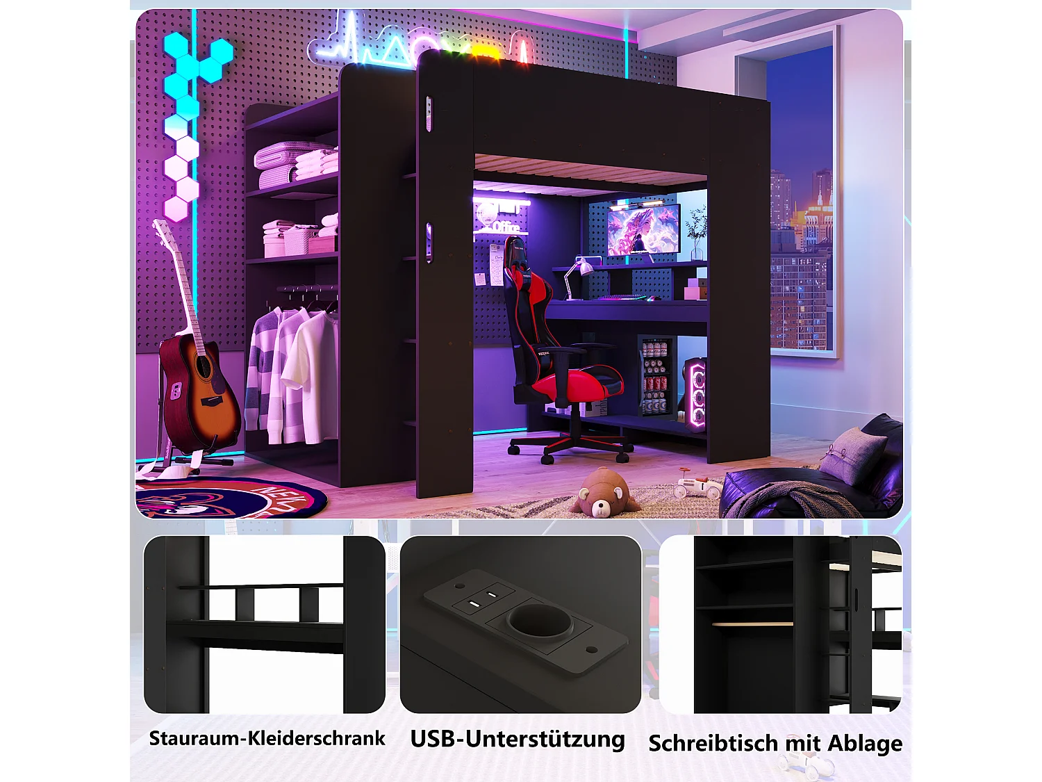 Loftseng 140 x 200 cm med skrivebord, åben garderobe, hylder og LED-belysning - MDF og krydsfiner - Sort (Madras medfølger ikke)