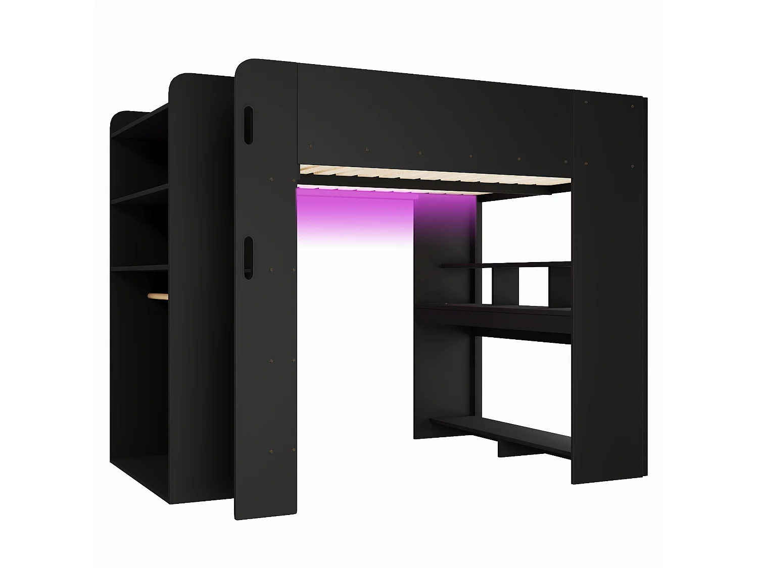 Loftseng 140 x 200 cm med skrivebord, åben garderobe, hylder og LED-belysning - MDF og krydsfiner - Sort (Madras medfølger ikke)