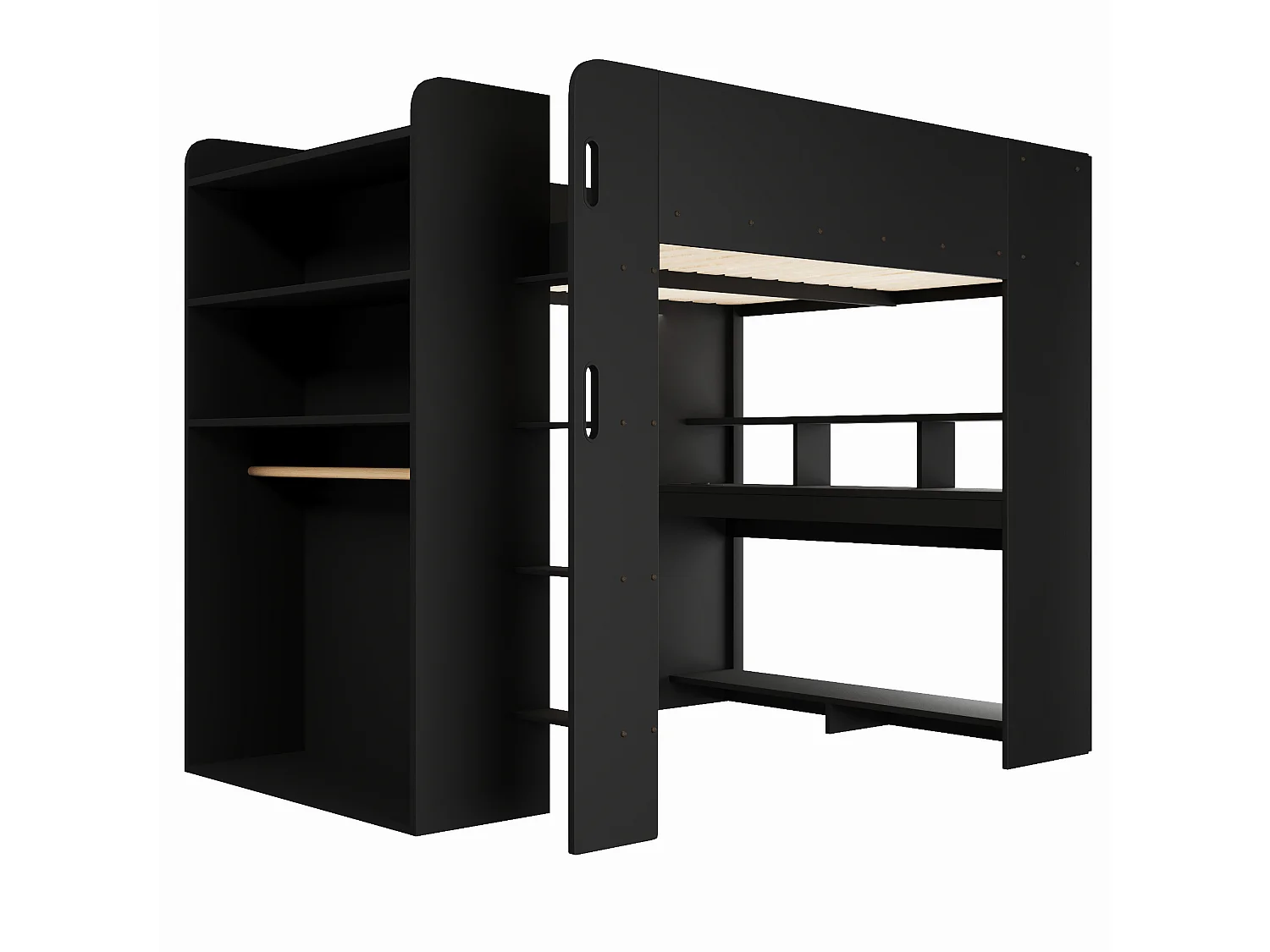 Loftseng 140 x 200 cm med skrivebord, åben garderobe, hylder og LED-belysning - MDF og krydsfiner - Sort (Madras medfølger ikke)