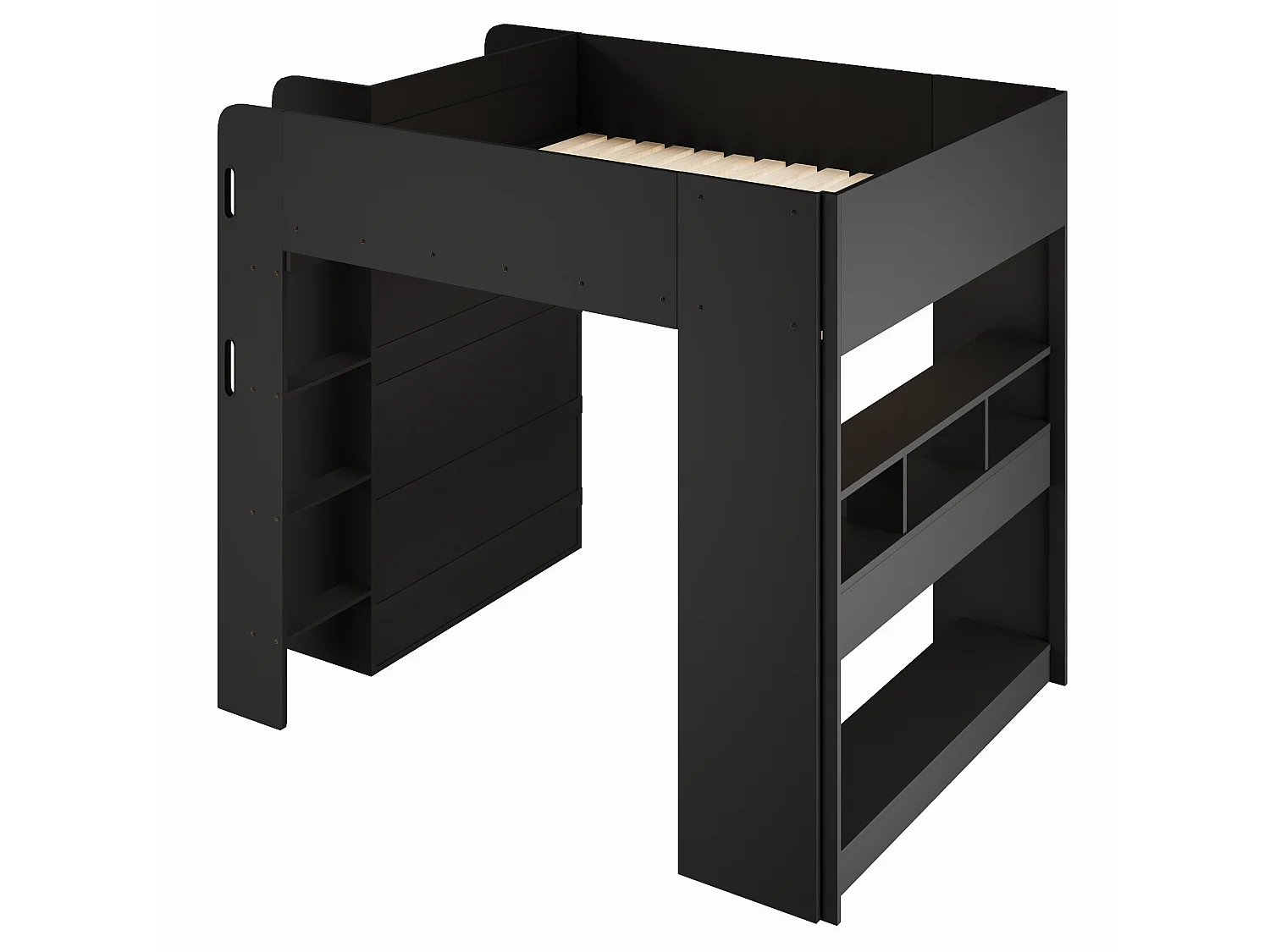 Loftseng 140 x 200 cm med skrivebord, åben garderobe, hylder og LED-belysning - MDF og krydsfiner - Sort (Madras medfølger ikke)