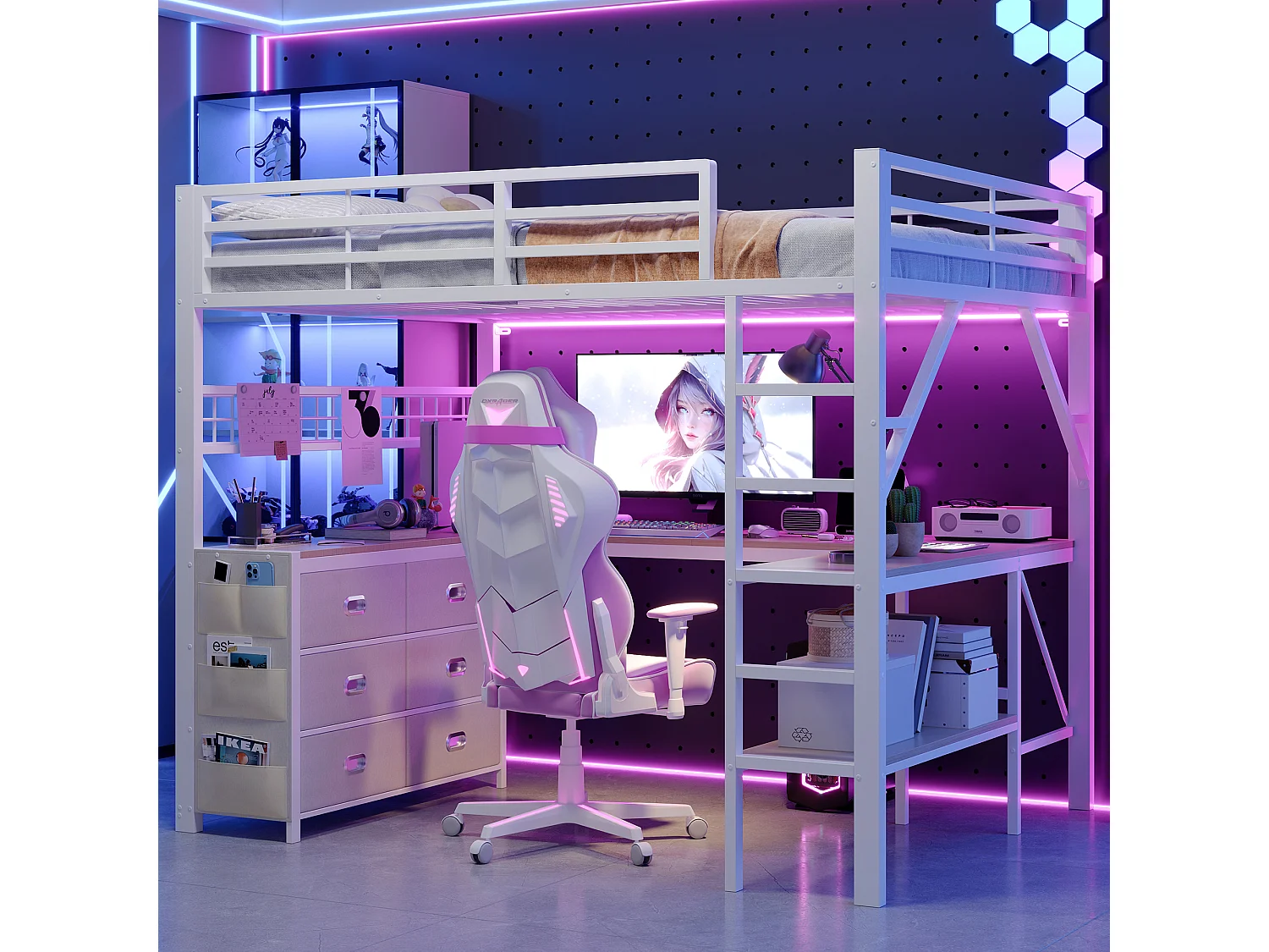 Loftseng 140 x 200 cm med skrivebord, 6 stofskuffer, hylder, hulplade, USB- og LED-porte - Metal - Hvid (Madras medfølger ikke)