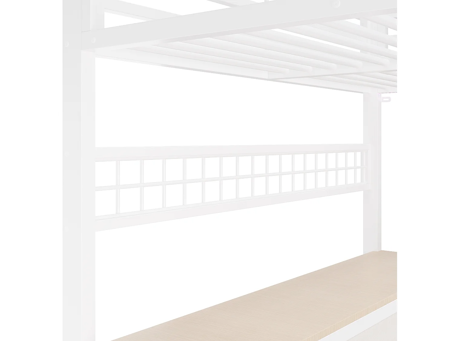 Loftseng 140 x 200 cm med skrivebord, 6 stofskuffer, hylder, hulplade, USB- og LED-porte - Metal - Hvid (Madras medfølger ikke)