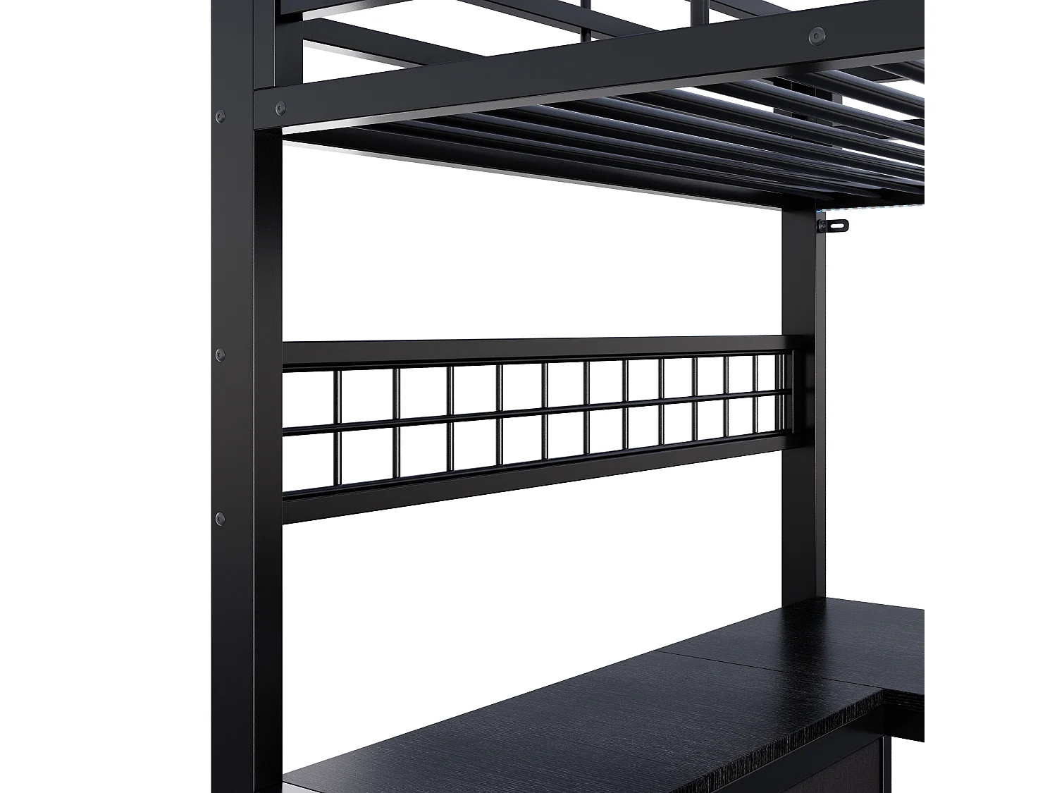 90 x 200 cm loftseng med skrivebord, 6 stofskuffer, hylder, hulplade, USB- og LED-porte - Metal - Sort (Madras medfølger ikke)