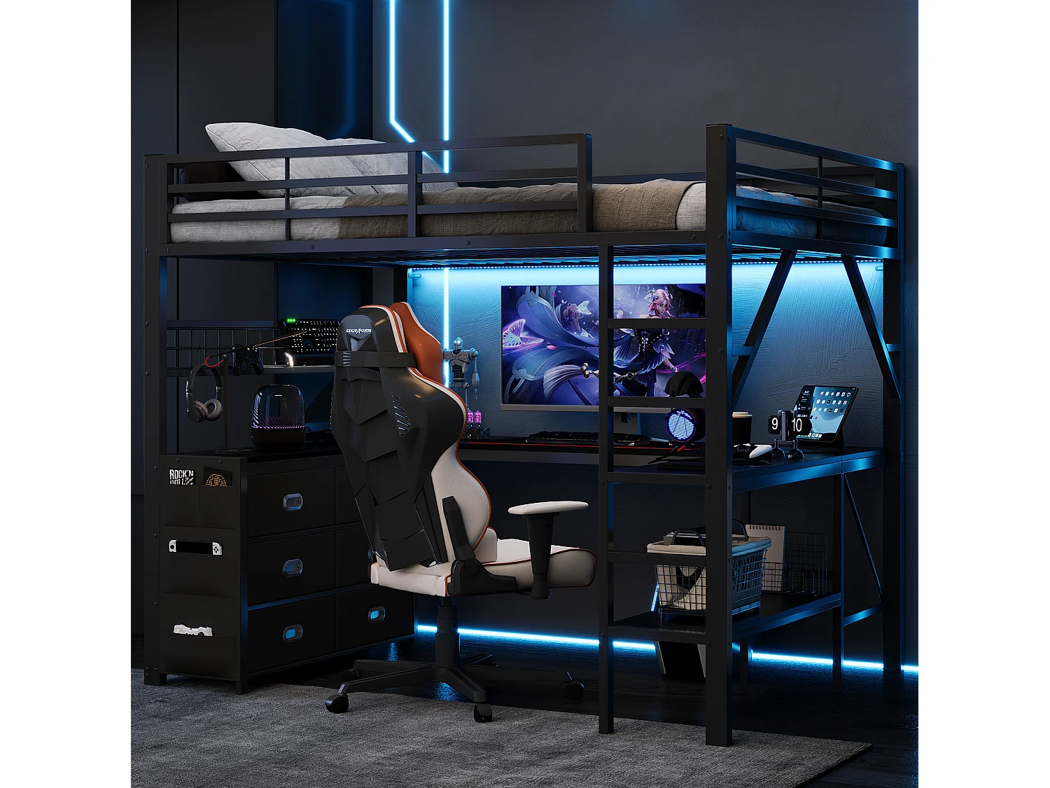 Loftseng 140 x 200 cm med skrivebord, 6 stofskuffer, hylder, hulplade, USB- og LED-porte - Metal - Sort (Madras medfølger ikke)