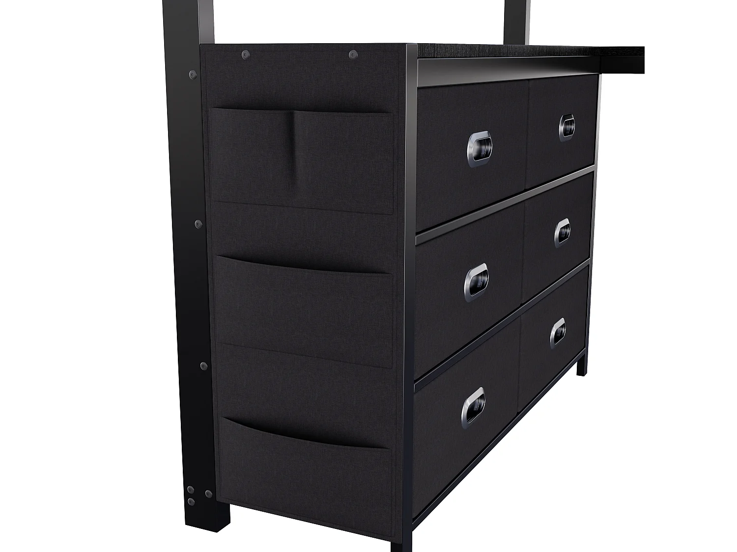 Loftseng 140 x 200 cm med skrivebord, 6 stofskuffer, hylder, hulplade, USB- og LED-porte - Metal - Sort (Madras medfølger ikke)