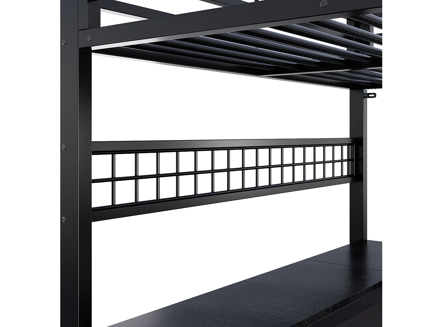 Loftseng 140 x 200 cm med skrivebord, 6 stofskuffer, hylder, hulplade, USB- og LED-porte - Metal - Sort (Madras medfølger ikke)