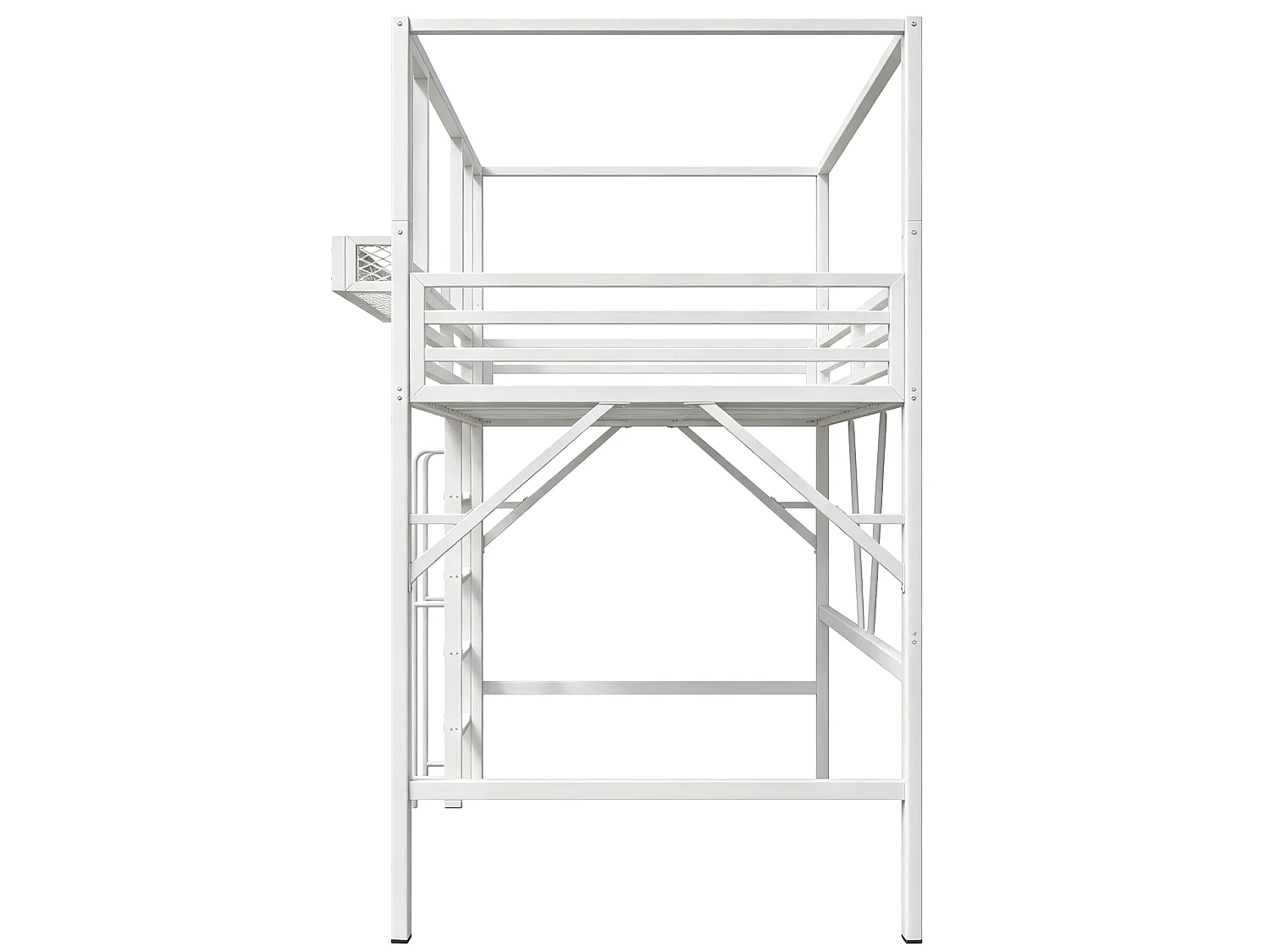 Loftseng 90 x 200 cm med tag, vinduer, stige med gelænder og legeplads - Metal - Hvid (Madras medfølger ikke)